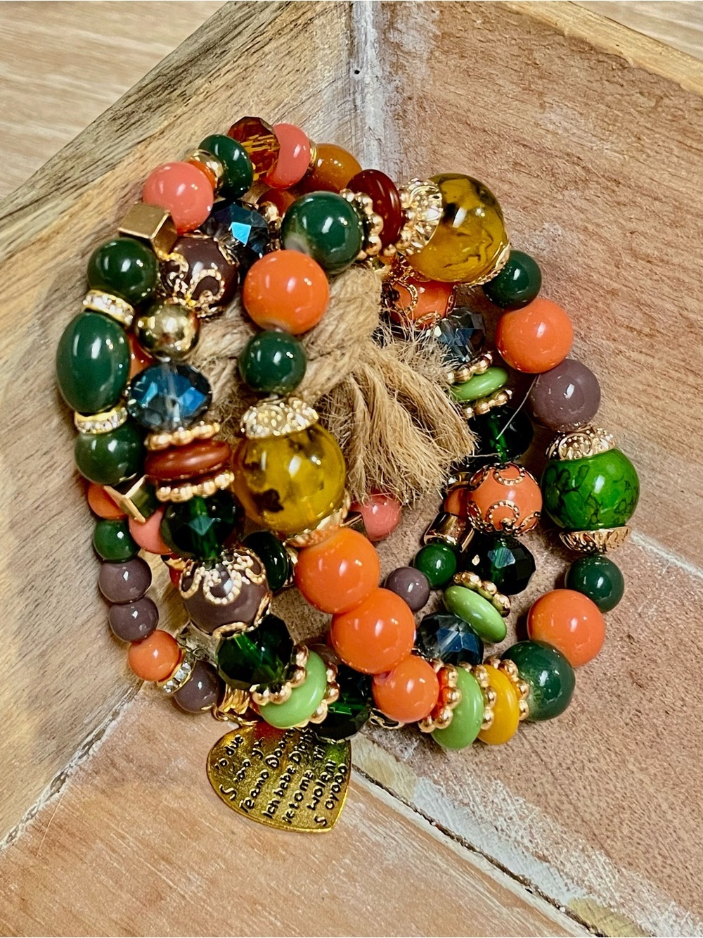 Layered Beaded Bracelet - Green & Orange Multi-Strand